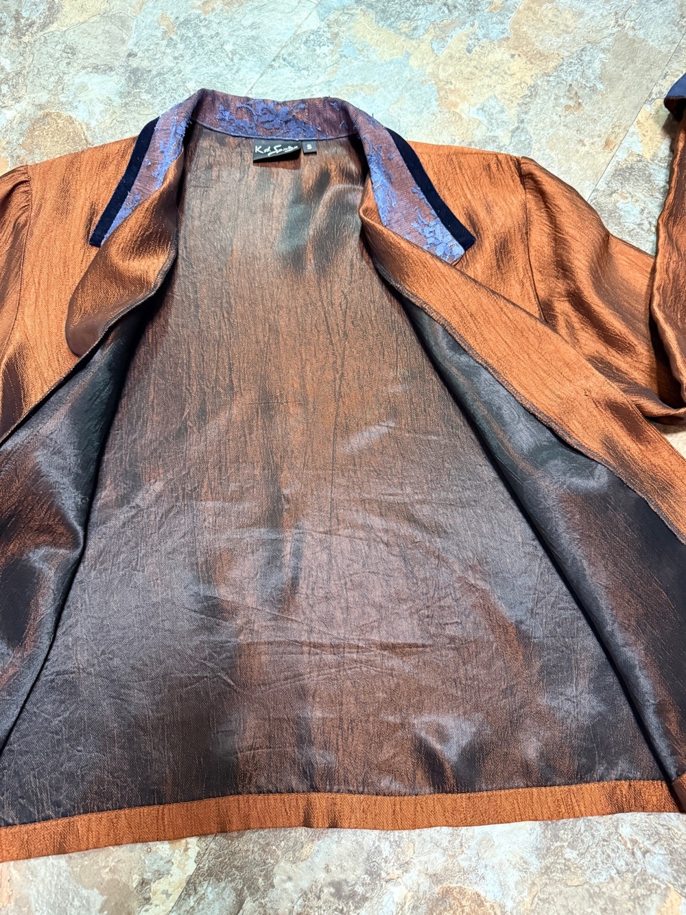 KD Spring metallic bronze jacket with blue lace on collar. Size S - Picture 5 of 8